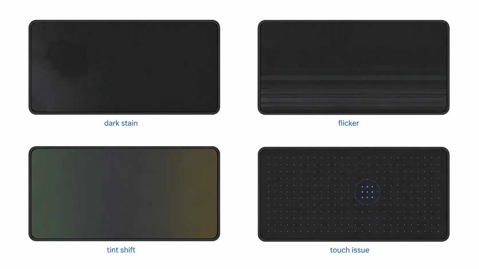Illustration of common screen water damage patterns including a dark stain, flicker, tint shift, and touch issue.