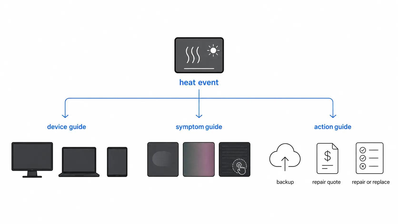 Illustration showing screen heat damage branches for monitor, laptop, tablet or phone, symptom guides, and action guides.