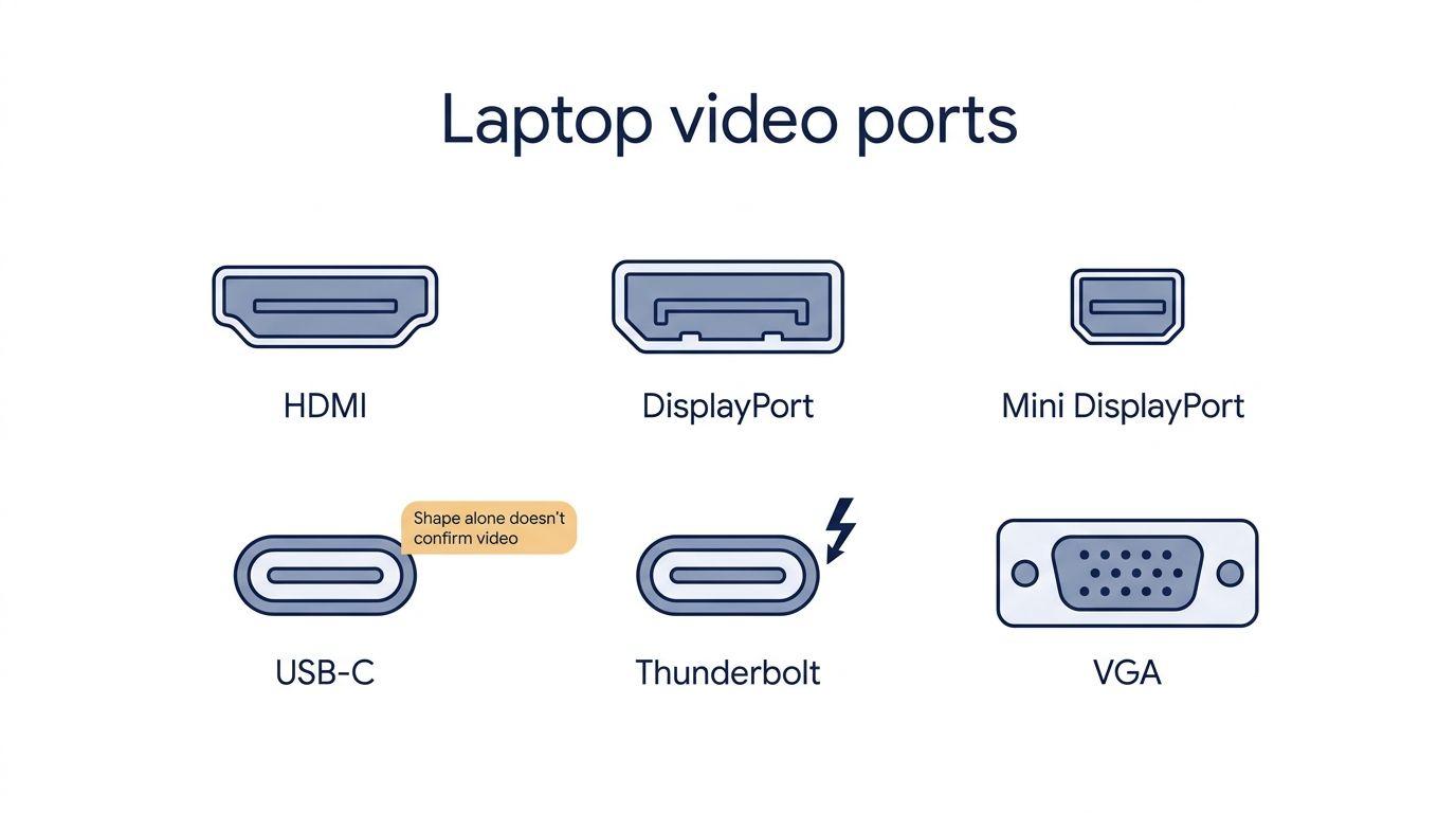 Labeled comparison of HDMI, DisplayPort, mini DisplayPort, USB-C, Thunderbolt, and VGA laptop video ports