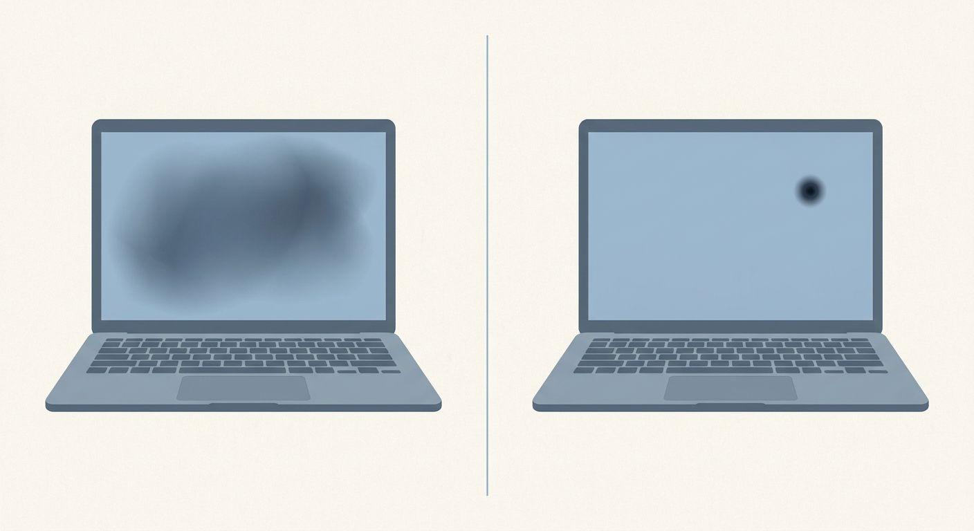 Two-panel diagram comparing broad bag-compression bruising across a display with a small concentrated pressure point from an object