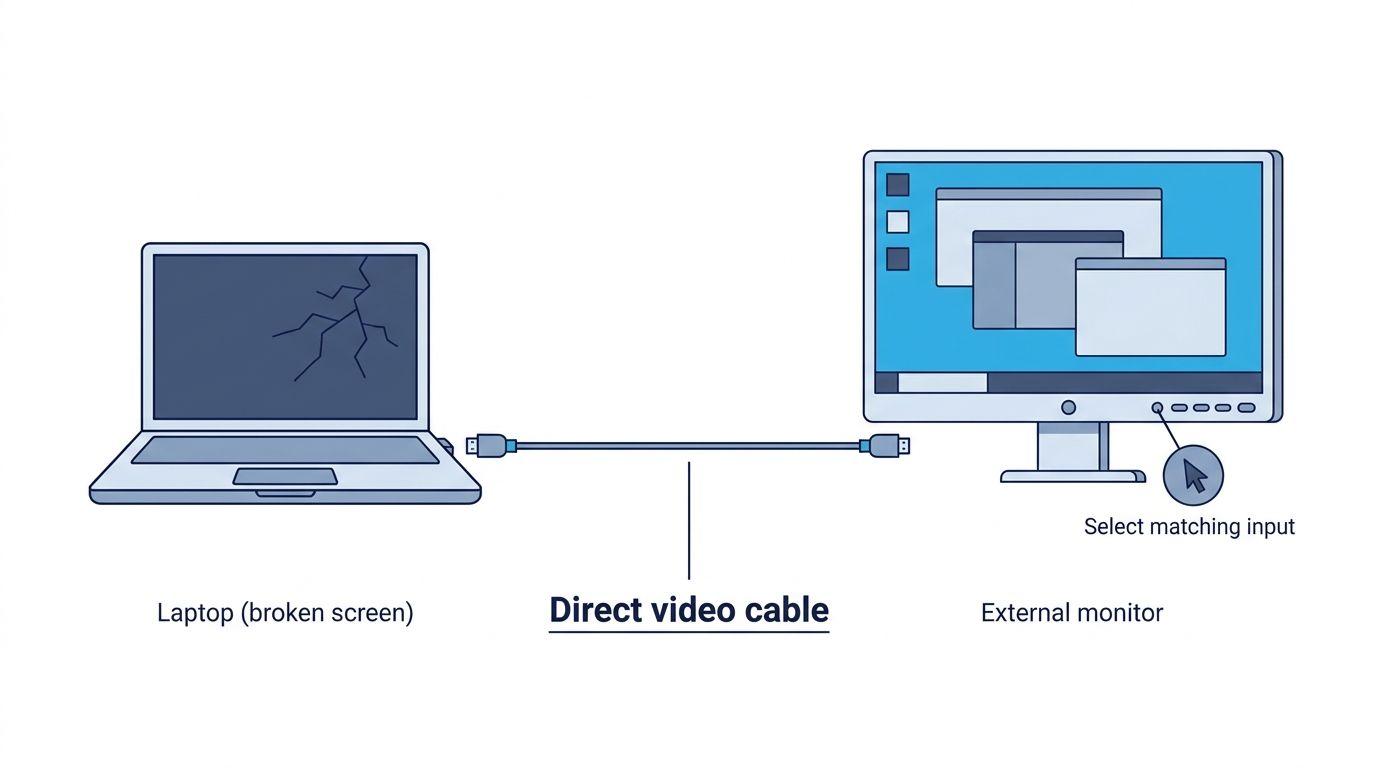 Diagram of a laptop with a broken screen connected by a direct video cable to an external monitor with the correct input selected