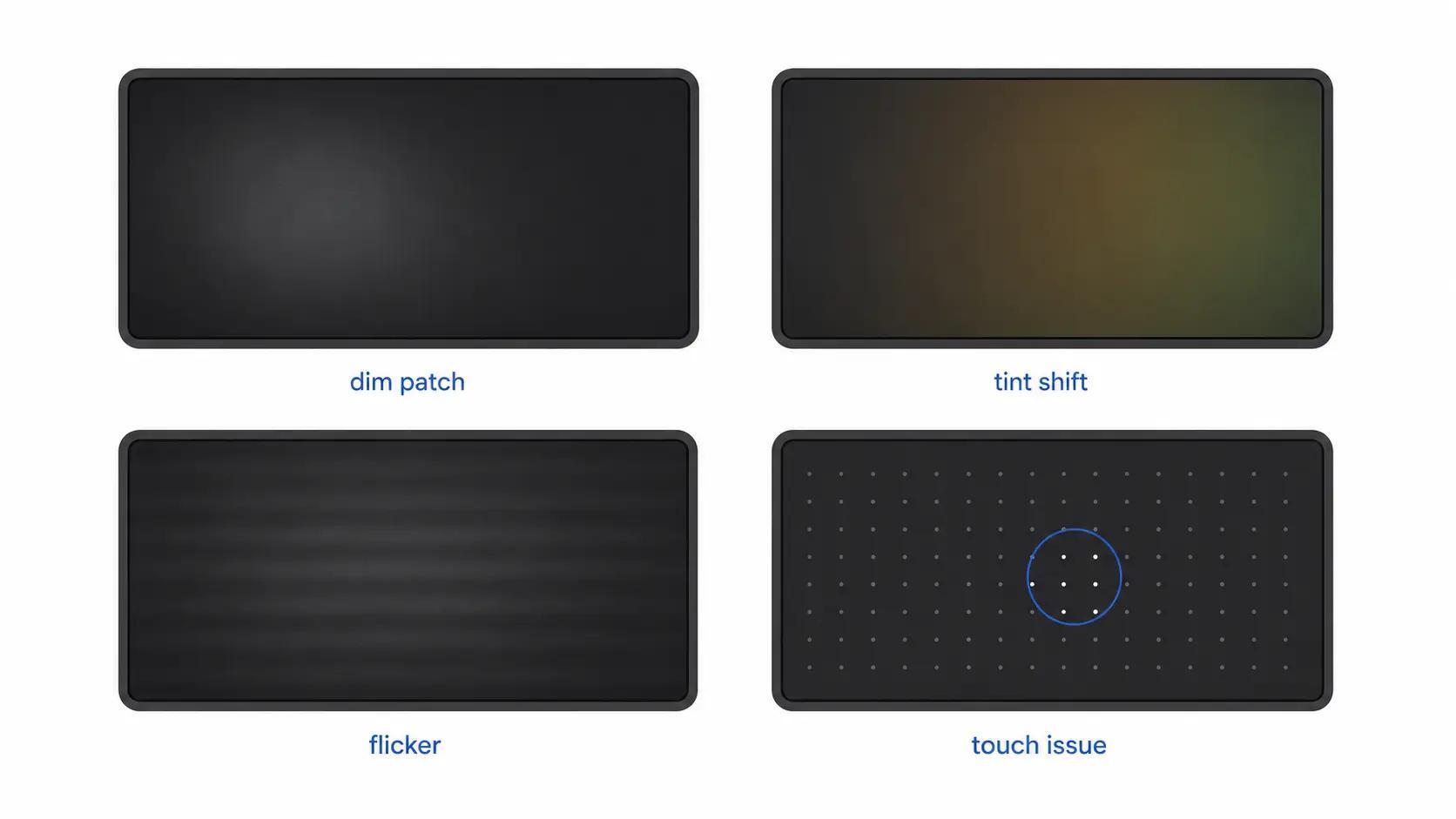 Illustration of common screen heat damage patterns including a dim patch, tint shift, flicker, and touch issue.