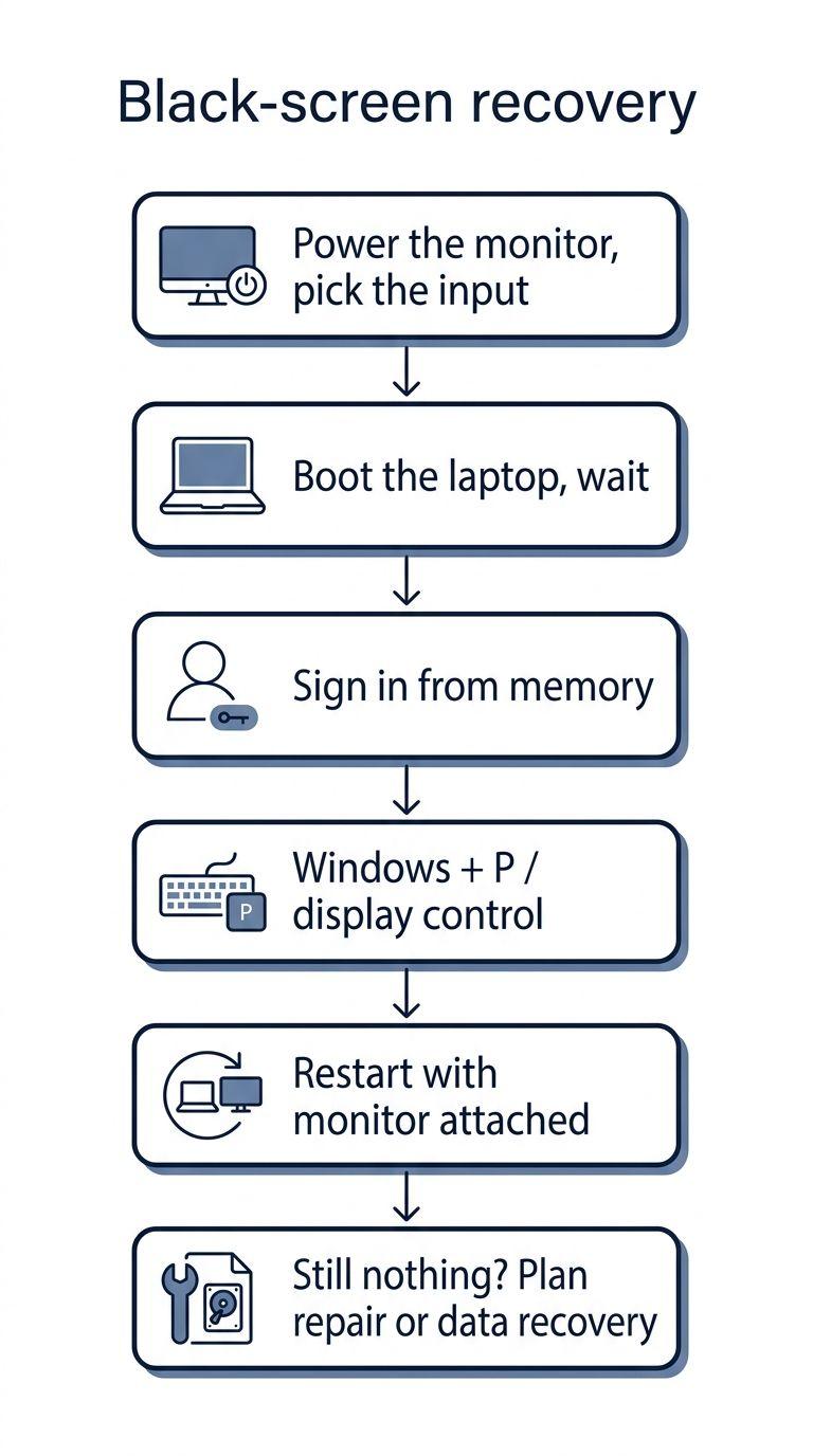 Decision flow for connecting an external monitor when a laptop screen is completely black