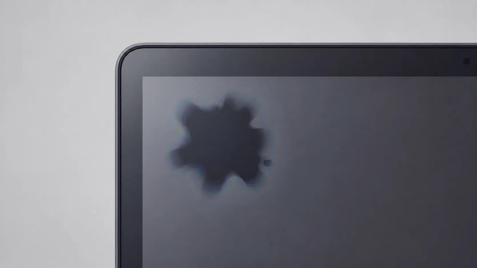 Dark ink-like bruise under the smooth glass of a MacBook display with no surface crack